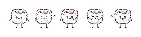 Set of kawaii uramaki sushi mascots in cartoon styleのイラスト素材