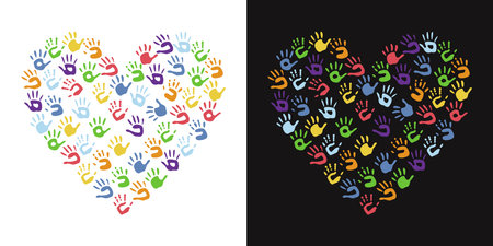 Flat vector painting tools in childish style. Hand drawn heart shaped frame of palm printsのイラスト素材