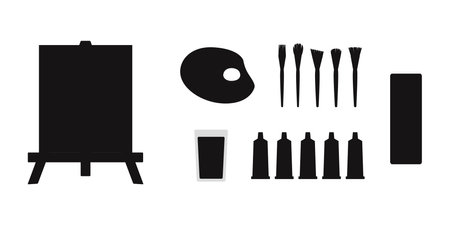 Flat vector painting tools in childish style. Hand drawn art supplies, paint brush, palm, gouache, acrylic, easel, paletteのイラスト素材