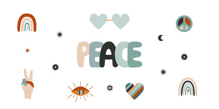Flat vector hippy boho illustration. Hand drawn retro groovy elements and peace letteringのイラスト素材