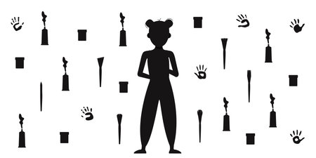 Flat vector painting tools in childish style. Hand drawn art supplies, paint brush, palm, kid with paletteのイラスト素材