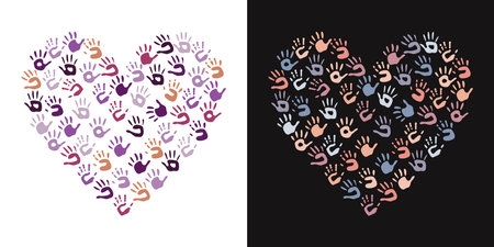 Flat vector painting tools in childish style. Hand drawn heart shaped frame of palm printsのイラスト素材