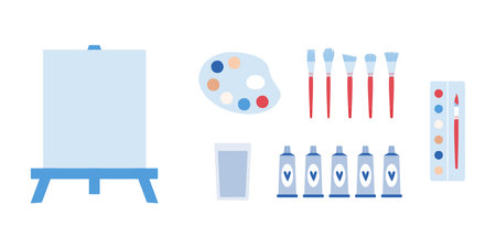 Flat vector painting tools in childish style. Hand drawn art supplies, paint brush, palm, gouache, acrylic, easel, paletteのイラスト素材