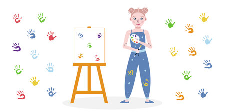 Flat vector painting tools in childish style. Hand drawn art supplies, easel with hand printsのイラスト素材