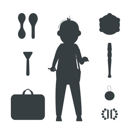 Hand drawn toy musical instruments for kids. Flat vector toddler in overall with drum silhouette illustration. Clipart isolated on white backgroundのイラスト素材