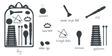 Hand drawn toy musical instruments for kids with backpack. Flat vector silhouette illustration. Clipart isolated on white backgroundのイラスト素材