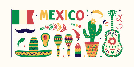 Mexican-themed design elements such as maracas, guitar, sombrero, cactus, Mexican flag.のイラスト素材