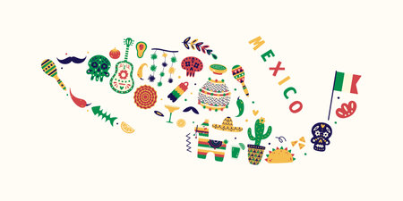 Flat illustration of different ethnical mexican items. Traditional Mexican fiesta vector illustrations in shape of the map.のイラスト素材