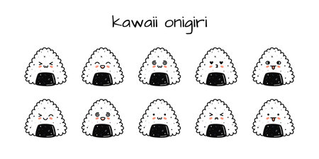 Set of kawaii onigiri sushi mascots in cartoon style. Cute hand drawn asian food for menuのイラスト素材