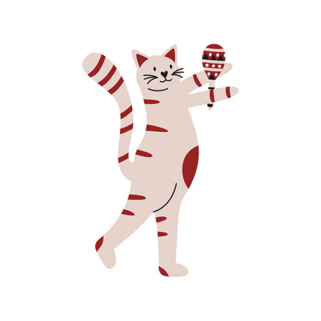 Flat hand drawn vector illustration of a mexican cat with maracasのイラスト素材