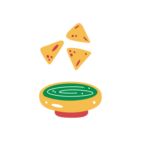 Flat hand drawn vector illustration of a mexican food. Fresh healthy guacamole and nachosのイラスト素材