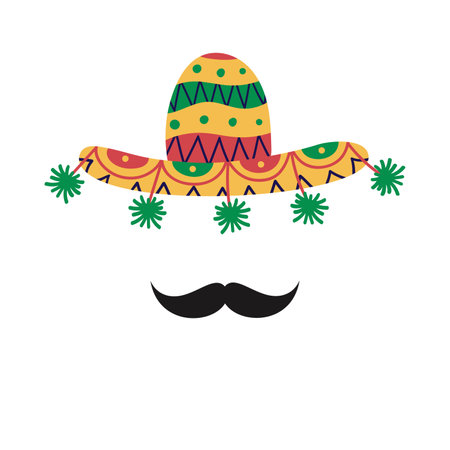 Traditional Mexican fiesta flat vector illustrations of sombrero and mustachesのイラスト素材