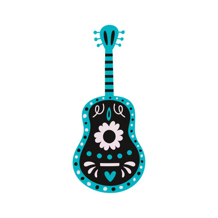 Flat hand drawn vector illustration of a mexican guitar with floral abstract ornamentのイラスト素材