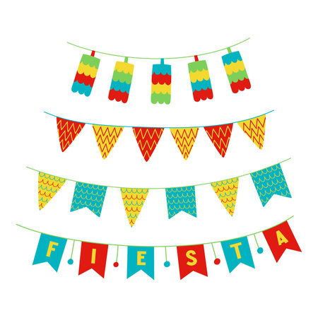 Flat hand drawn vector illustration of eco friendly home decorations such as garland, bunting and mini pinatasのイラスト素材