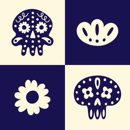 Flat vector geometric poster with traditional mexican floral skulls for holiday Day of the deadのイラスト素材