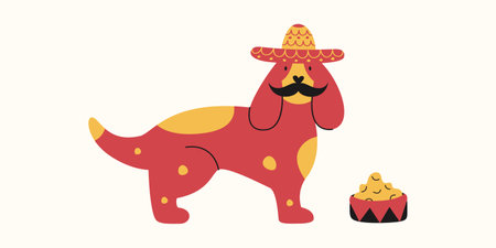 Vector flat illustration of a Mexican dog in sombrerro hat with mustache and a feederのイラスト素材