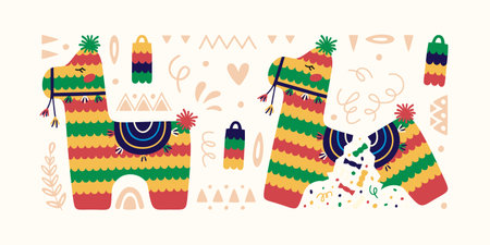 Flat illustration of mexican lama pinata and mini pinatas. One lama pinata is brokenのイラスト素材
