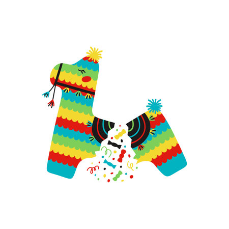 Flat hand drawn vector illustration of a mexican broken lama pinata with candiesのイラスト素材