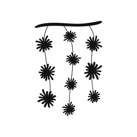 Flat hand drawn vector silhouette illustration of eco friendly home decorations such as tree brunch garland with pompomsのイラスト素材
