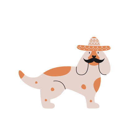Flat hand drawn vector illustration of a mexican dog sitting in sombrero with mustacheのイラスト素材