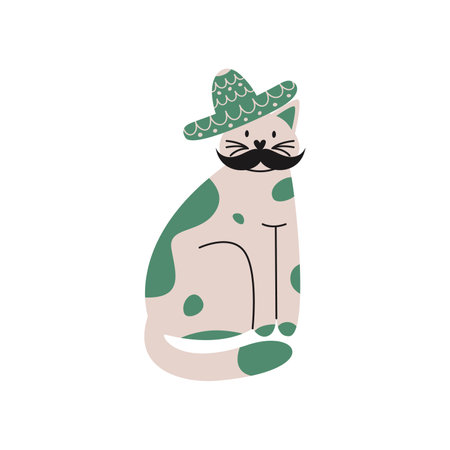 Flat hand drawn vector illustration of a mexican cat with sombrero and mustaches. Cinco de meowのイラスト素材