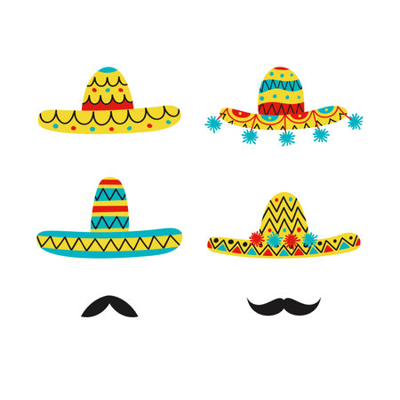 Traditional Mexican fiesta flat vector illustrations of sombrero and mustachesのイラスト素材