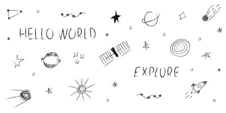 Doodle cosmos illustration set in childish style, design clipart. Hand drawn abstract space elements with lettering. Black and white. Vector line print, banner, poster.のイラスト素材