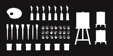 Flat vector painting tools in childish style. Hand drawn art supplies, paint brush, palm, gouache, acrylic, easel, palette. Clipart elements isolated on white backgroundのイラスト素材