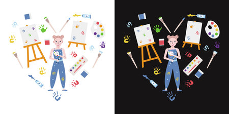 Flat vector painting tools in childish style. Hand drawn heart shaped art supplies. Clipart elements isolated on white backgroundのイラスト素材