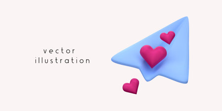 Cartoon 3D paper plane for web design. Love delivery illustration. Vector 3D render of romantic paper plane.のイラスト素材
