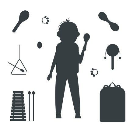 Hand drawn toy musical instruments for kids. Flat vector toddler in overall silhouette illustration. Clipart isolated on white backgroundのイラスト素材