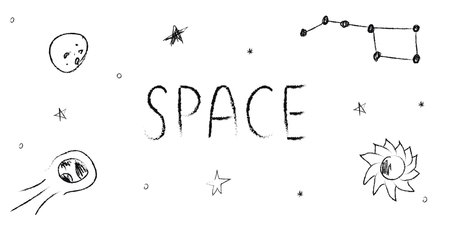 Doodle cosmos illustration set in childish style, design clipart. Hand drawn abstract space elements with lettering. Black and white. Vector line print, banner, poster.のイラスト素材