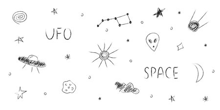 Doodle cosmos illustration set in childish style, design clipart. Hand drawn abstract space elements with lettering. Black and white. Vector line print, banner, poster.のイラスト素材