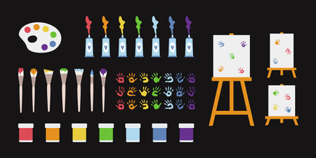 Flat vector painting tools in childish style. Hand drawn art supplies, paint brush, palm, gouache, acrylic, easel, palette. Clipart elements isolated on white backgroundのイラスト素材