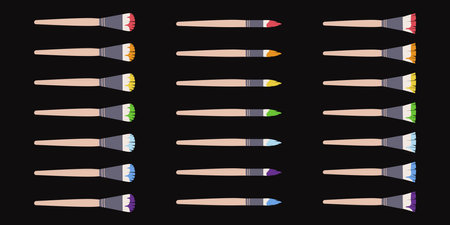 Flat vector painting tools in childish style. Hand drawn art supplies, brushes with multicolored paint. Clipart elements isolated on white backgroundのイラスト素材