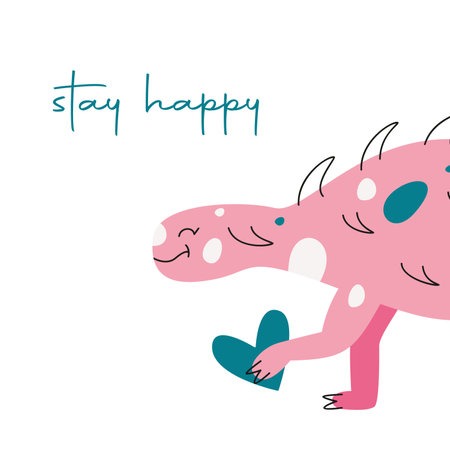 Vector hand drawn flat postcard with dinosaur and heart. Stay happyのイラスト素材