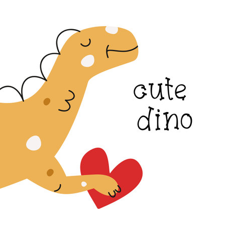 Vector hand drawn flat postcard with dinosaur and heart. Cute dinoのイラスト素材