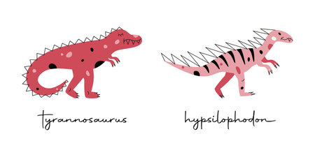Flat hand drawn vector illustrations of dinosaurs tyrannosaurus and hypsilophodonのイラスト素材