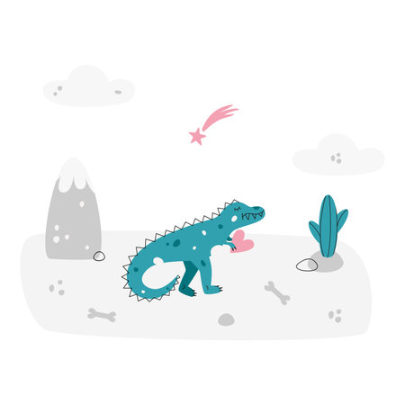 Flat hand drawn vector scene with dinosaur cactus bone cactus falling star and cloudsのイラスト素材