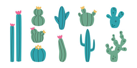 Flat hand drawn vector illustrations of cactusのイラスト素材