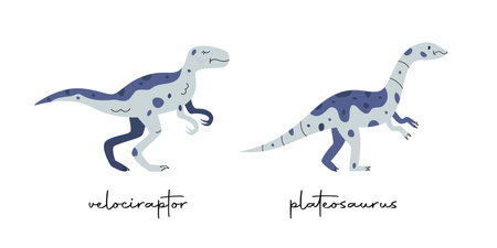 Flat hand drawn vector illustrations of dinosaurs velociraptor and plateosaurusのイラスト素材