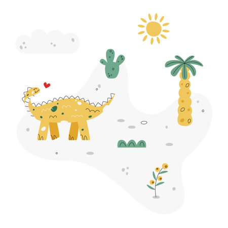 Flat hand drawn vector scene with dinosaur palm cactus grass flower cloud and sunのイラスト素材
