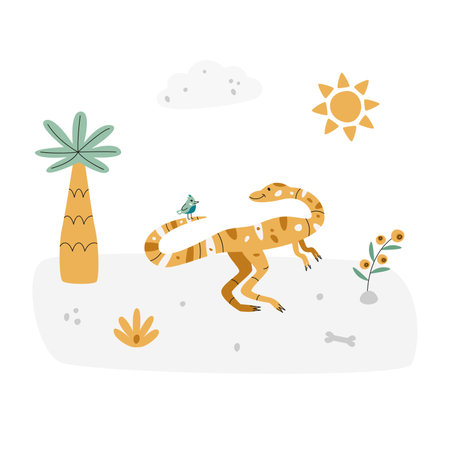 Flat hand drawn vector scene with dinosaur palm grass bone flower sun and cloudのイラスト素材