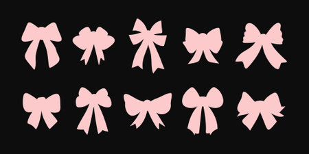 Big set of pink bows and ribbons isolated on a black background in a flat vector styleのイラスト素材