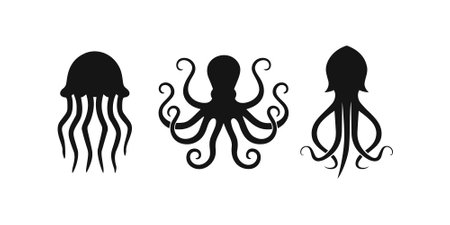 Flat vector silhouette illustration of marine creatures such as octopus, squid, and jellyfish on a white backgroundのイラスト素材