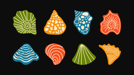 A vibrant set of eight abstract seashell designs in bold colors and dynamic patternsのイラスト素材