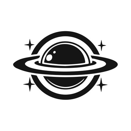 Vector Black and White Saturn Planet Icon with Rings and Starsのイラスト素材