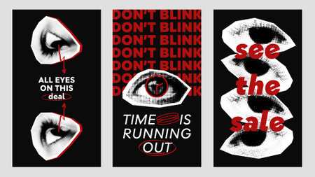 Set of 3 modern social media story templates with vector halftone collage eyes, bold typography, and red highlights, perfect for promoting sales and discounts.のイラスト素材