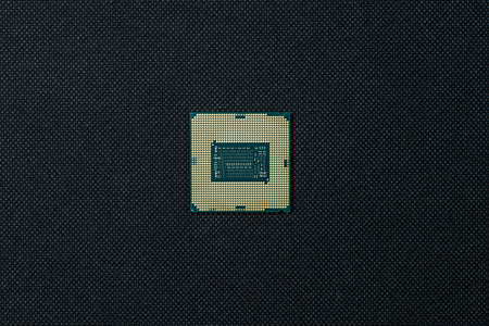 Close-up image of CPU microchip. Top view, macro photography.の写真素材