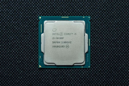 Santa Clara, California/USA-10.01.2020: Close-up photo of Intel i7 CPU isolated on black background.